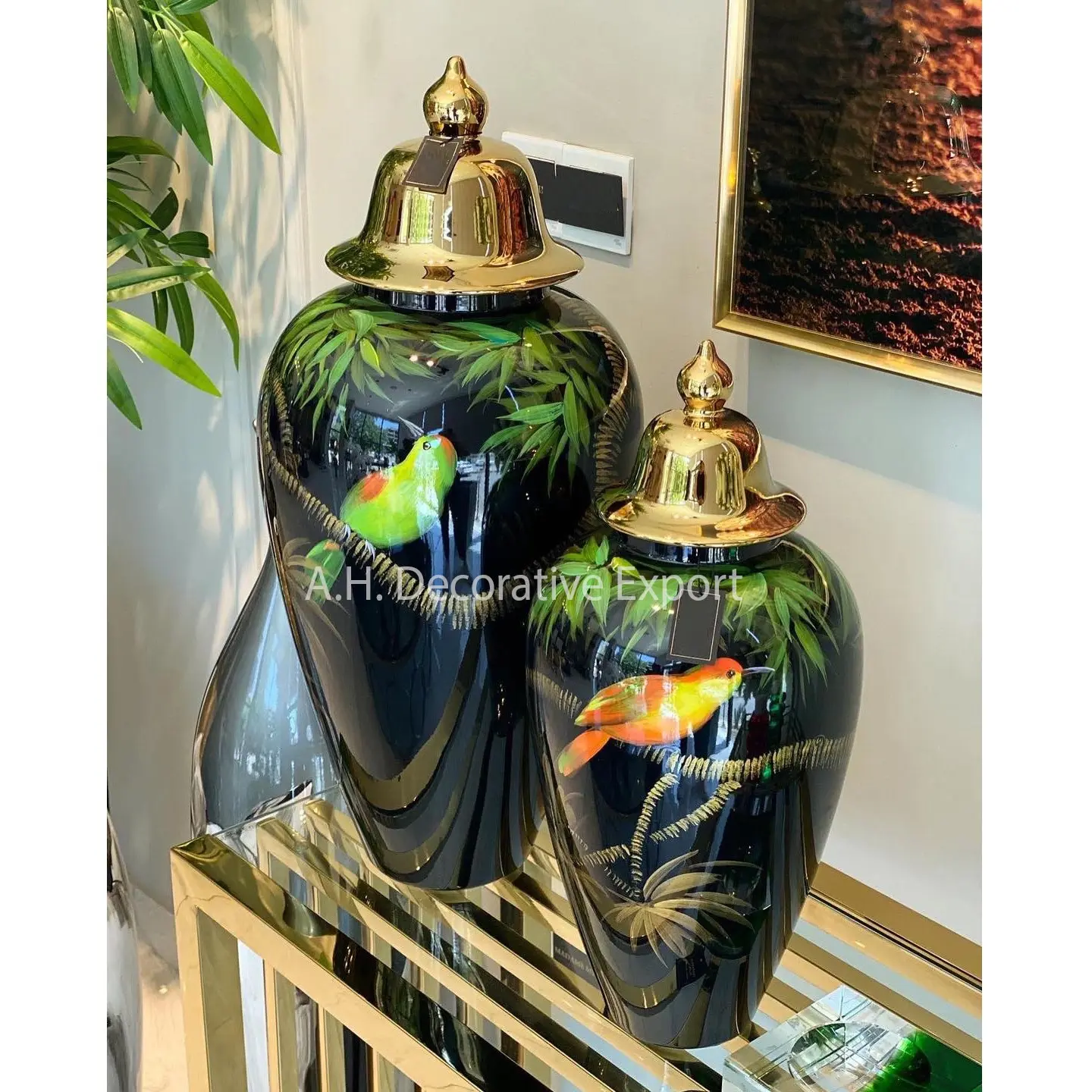 Moderne Gouden Bloem Urn Vaas Met Deksels Luxe Villa Huisdecoratie Emaille Bedrukte Vaas Nieuw Ontwerp Tafelblad Gemberpotten En Vazen