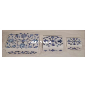 Fabricant et grossiste indien de boîtes à bijoux rectangulaires en marbre blanc incrusté de nacre bleue - Product Image 1