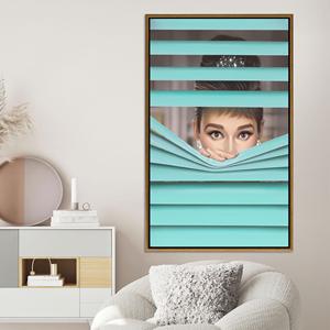 Impression sur toile Audrey Hepburn : design rétro à volets bleu sarcelle, toile encadrée dorée - Product Image 1