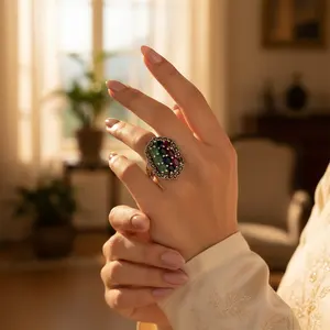 Women's Vintage 925 Silver Multi-Gemstone <b>Ring</b> 18K Gold Plated Classic Religious Style for Cocktail Jewelry - Product Image 2