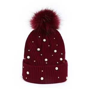 Gorro de Invierno de Lujo para Mujer y Niña, Tejido con Lana Acrílica Ecológica y Cachemira, con Cuentas de Perlas, Grueso, con Pompón, Jacquard - Product Image 4