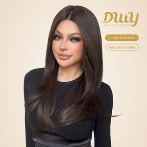 Billie-DWY Long Straight Dark <b>Brown</b> Glueless Synthetic <b>Wig</b> 136 Lace Front Free Part Transparent Lace Color - Product Image 2