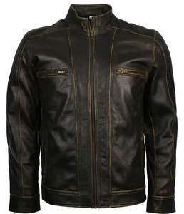 Venta caliente de los hombres Slim Fit Biker Jacket Nuevo producto-Cuero negro desgastado con cremallera de marca para montar en bicicleta de invierno - Product Image 4