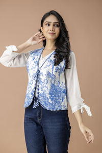 Handmade Eco-Friendly Breathable Indian Cotton Block Floral Printed Reversible Open Front V-neck Quilted <b>Waistcoat</b> Jacket - Product Image 4