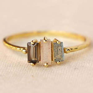 925 Sterling Silver 18k Gold Plated <strong>Ring</strong> Peach Moonstone Rainbow <strong>Labradorite</strong> and Clear Quartz <strong>Rings</strong> - Product Image 1