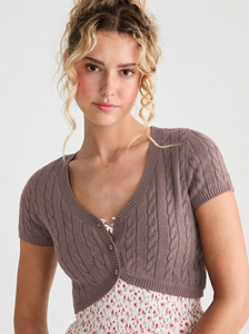 FNJIA Women Sweater Cable Knit Short Sleeve Cardigan V Neck Button Cropped Solid <strong>Knitted</strong> Shrug Ladies Crop Knit <strong>Bolero</strong> - Product Image 5