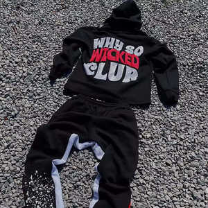 Conjunto de chándal apilado personalizado de alta calidad con estampado abullonado personalizado, chándal acampanado transpirable de algodón/poliéster/LICRA para niños - Product Image 5