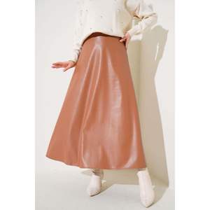 Waist <b>Elastic</b> Flared Leather <b>Skirt</b> Tan - Product Image 1