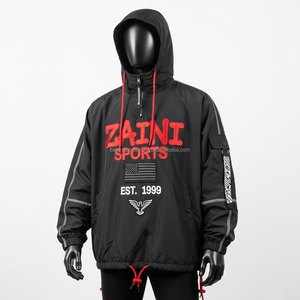 Veste coupe-vent en nylon Premium 210 GSM résistante à l'eau noire avec broderie rouge Logo personnalisé veste coupe-vent à capuche pour homme - Product Image 1