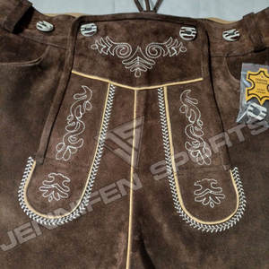 Lederhosen de cuero de vaca para hombre bávaro alemán, botones bordados frontales de cuero de ante, bolsillos delanteros de cierre con trabillas para cinturón - Product Image 2