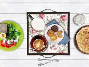 Plateau de service en bois imprimé multi-fleurs avec poignée en métal, plateau de service avec poignées, décoration de service, plateau de service pour desserts - Product Image 5