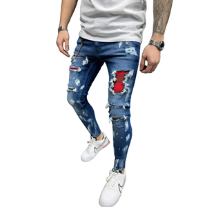 Pantalons en jean slim pour hommes, coupe droite, taille mi-haute, élastiques, respirants, tissés, imprimés, logo personnalisé en gros - Product Image 2