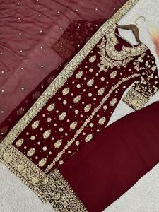 Ağır Çiçek Desenli Keten Kumaş Çoklu Moti ve Dokuma İşlemeli Parti Şenlikli Salwar Kameez İpek Dupatta Ters Çevrilebilir Hafif Konforlu - Product Image 6