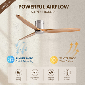 52 Inch Flush Mount Wood Ceiling <b>Fan</b> No Light with <b>Remote</b> <b>Control</b> 3 Solid Wood Blades Brushed Nickel Ceiling <b>Fan</b> - Product Image 3