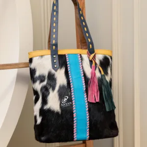 Colourful Recycled Leather Tote Bag With Cow Print Shoulder Bag Unique Leather Bag Hair On Hide Western Style Purse For Women's