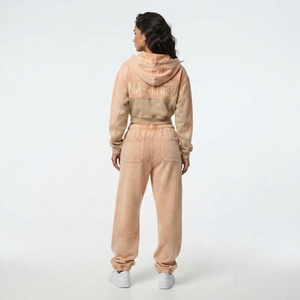 Women <b>Cropped</b> <b>Zip</b> <b>Up</b> <b>Hoodie</b> and Cargo Sweatpants Set Washed Two Piece Tracksuit Custom Rhinestone Detail - Product Image 2
