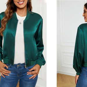 Chaqueta universitaria de satén de primera calidad para mujer, bombardero de manga larga con bolsillos personalizados, forro de nailon acolchado y transpirable teñido liso - Product Image 6