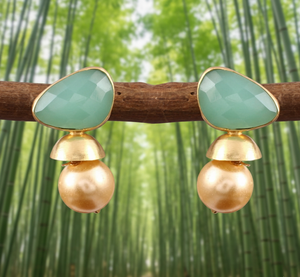 Pendientes Largos de Plata de Ley 925 con Calcedonia Aqua de Forma Aleatoria en Engaste de Bisel Chapado en Oro para Bodas y Fiestas - Product Image 5