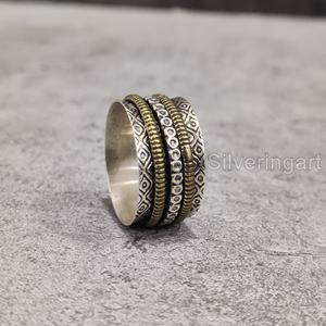 Checker Spinner Band Anillo de meditación Plata de Ley 925 Anillo de pulgar para mujer Fidget Joyería hecha a mano Anillo giratorio unisex oriental - Product Image 5