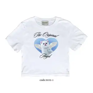 Wholesale Customized Girls Short Sleeve crop top baby tee Cute cat cartoon Print T-Shirt with DFT 100% Cotton T-Shirts