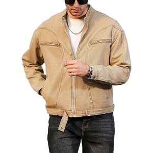 OEM Custom Unisex Vintage Denim Jacket Men's Stand Collar Canvas Cargo <b>Winter</b> Overcoat Zipper Closure Hip Hop Style Washed - Product Image 1