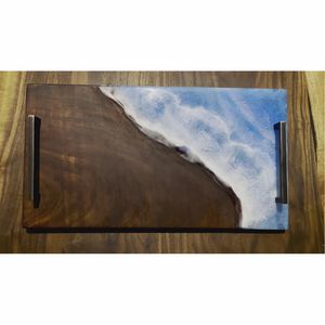Luxury Walnut Wood Ocean Resin Serving Tray withMetal Handle Epoxy Resin Beach Art Charcuterie <b>Board</b> Rectangular Tea Coffee Tray - Product Image 1