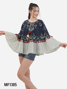 Poncho Circular de gasa para talla grande, bordado de yute de lana minuto, Parte delantera trasera decorada, cordones deslumbrantes, bordado acrílico tejido - Product Image 6