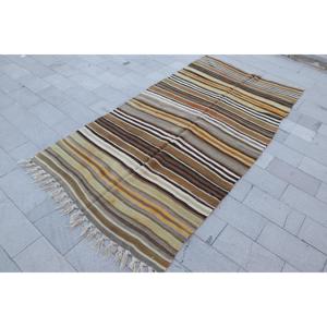 Turkish Rug, 4.1x8.4 ft Area Rug, <b>Brown</b> Striped <b>Wool</b> Vintage Rug - Product Image 3