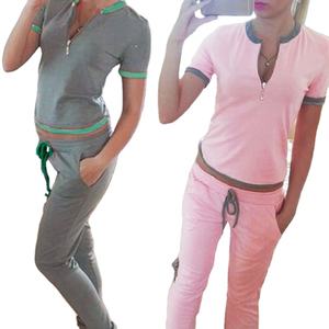 Ensemble 2 pièces pour femmes, survêtement, col en V, décontracté, pantalon, de gymnastique - Product Image 1