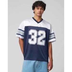 Camiseta de fútbol americano con cuello en V para hombre, número 32, de malla transpirable, manga corta, ajuste holgado, para deportes de equipo, blanca y azul marino - Product Image 4