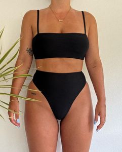 2025 conjunto de Bikini de cintura alta para mujer con diseño de realce acanalado a rayas patrón a cuadros verano playa baño ropa de baño - Product Image 6