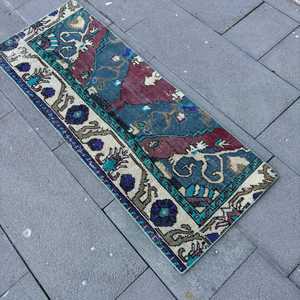 Alfombra Turca de 1.6x4.3 pies, Alfombra, Alfombra Azul con Diseño Floral de Lana - Product Image 4