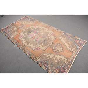 Turkish Eco-Friendly Area Rug 3.8x7.1 ft <b>Brown</b> Patchwork Vintage <b>Wool</b> with Latex Backing - Product Image 1