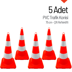 กรวยจราจร PVC ขนาด 75 ซม. จำนวน 5 ชิ้น พร้อมแถบสะท้อนแสงสีขาวสองชั้น สำหรับความปลอดภัยบนท้องถนน ผลิตจากวัสดุ PE - Product Image 1