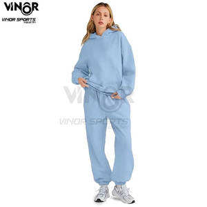 Elegante conjunto de chándal de Otoño e Invierno para mujer, traje de Jogger de algodón liso personalizado con capucha, patrón Formal de lana sólida - Product Image 2