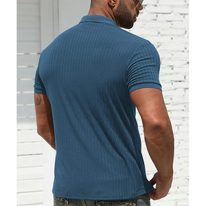 Men's <b>Blue</b> Ribbed <b>Polo</b> <b>Shirt</b> Short Sleeve Knitted Casual Solid Color Breathable Top - Product Image 2