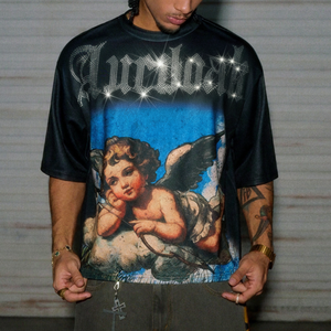 เสื้อยืดผู้ชายลายกราฟิกเทวดาประดับเพชร สไตล์สตรีทแฟชั่นเท่ๆ ทรงโอเวอร์ไซส์ แขนสั้น - Product Image 2