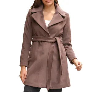 Turkish Quality Women's Coat Double Collar Belted Pockets Knee-length Brown Women's Coat Comfortable and Stylish Coat For Winter