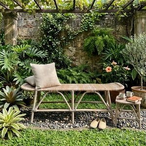 New Modern Minimalist Rhodes III Kuboo Rattan <b>Bench</b> Natural Cane Frame Woven Grey Rattan Long <b>Bench</b> Dining Living Room Patio - Product Image 5