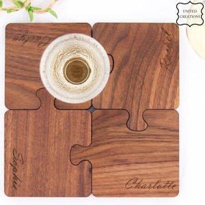 Sous-verre de puzzle en bois de conception unique sous-verre en bois personnalisé avec barre gravée de logo sous-verre de tasse à café en bois carré de noyer noir - Product Image 2