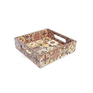 Plateau en bois artisanal avec poignées, plateau décoratif, plateau rond pour fruits, pizza, plateau de service pour thé et café - Product Image 4