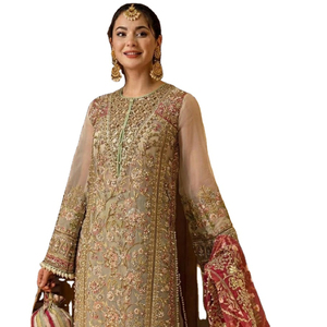 Nuevo traje paquistaní de Georgette pesado con Secuencia de bordado trabajo Palazzo traje semi cosido para venta en línea - Product Image 1