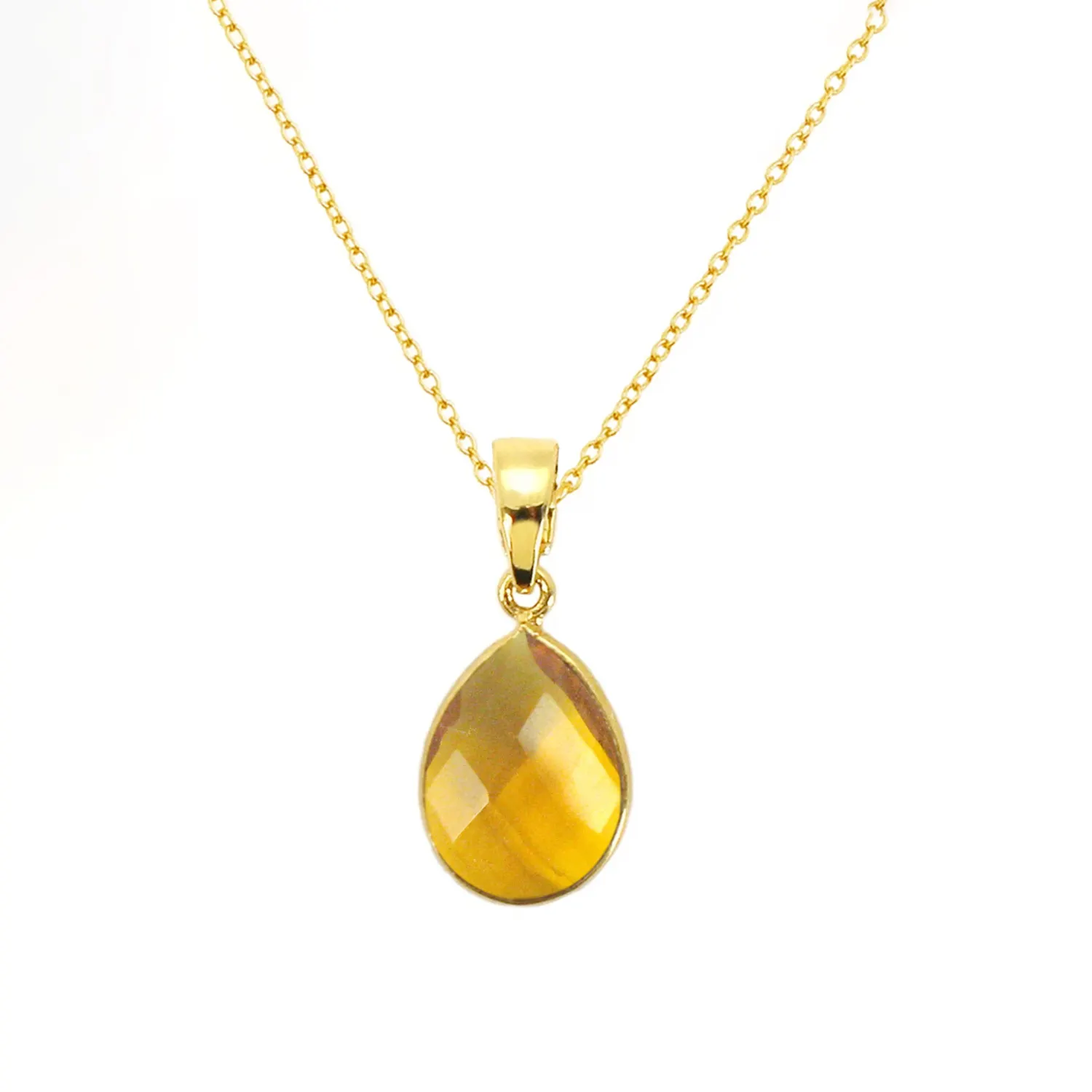 925 Sterling Silver Faceted Pear Cut Citrine Gemstone Gold Vermeil Bezel Setting Pendant Cable Chain Necklace Wholesale