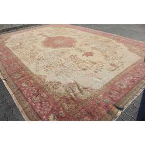 Alfombra Vintage Extra Grande de Lana Roja y Beige con Parches, Revestimiento de Látex, Ecológica, 13.8x19.9 pies - Product Image 3