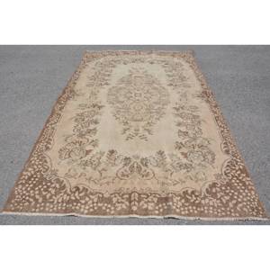 Tapis traditionnel en laine marron beige 5.9x9.8 pieds Design patchwork turc vintage classique pour chambre à coucher chevet rectangulaire en latex - Product Image 1