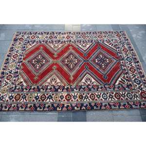 Tapis Vintage en Laine Turque Eco-Friendly Rouge Bleu Patchwork Design 4ft 6in X 6ft 4in Rectangle Medium Pile Style Classique Latex - Product Image 3
