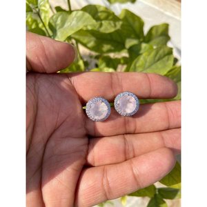 925 Silver Rose Quartz <b>Stud</b> <b>Earrings</b> with Gold Plating Cute Style Bezel Setting for Wedding Engagement or Party - Product Image 6