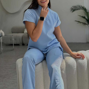 Customization <b>Light</b> Blue Flared Trousers Set Hospital High Quality Medical Nursing <b>Dental</b> Salon Uniforms Women Dobby Fabric - Product Image 3
