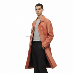 <b>Men's</b> Genuine Leather Cowhide <b>Trench</b> <b>Coat</b> Double Breasted Long Overcoat Belt Turn-down Collar Solid Color Button Detail Warm - Product Image 3