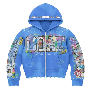 Sweat à capuche zippé strass lourd sweat à capuche en détresse pour hommes lavé à l'acide personnalisable broderie printemps sweats à capuche 2025 - Product Image 1